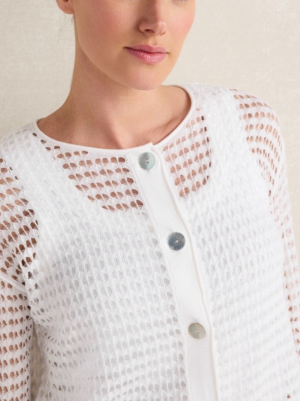 White Open-Knit Button Front Cardigan
